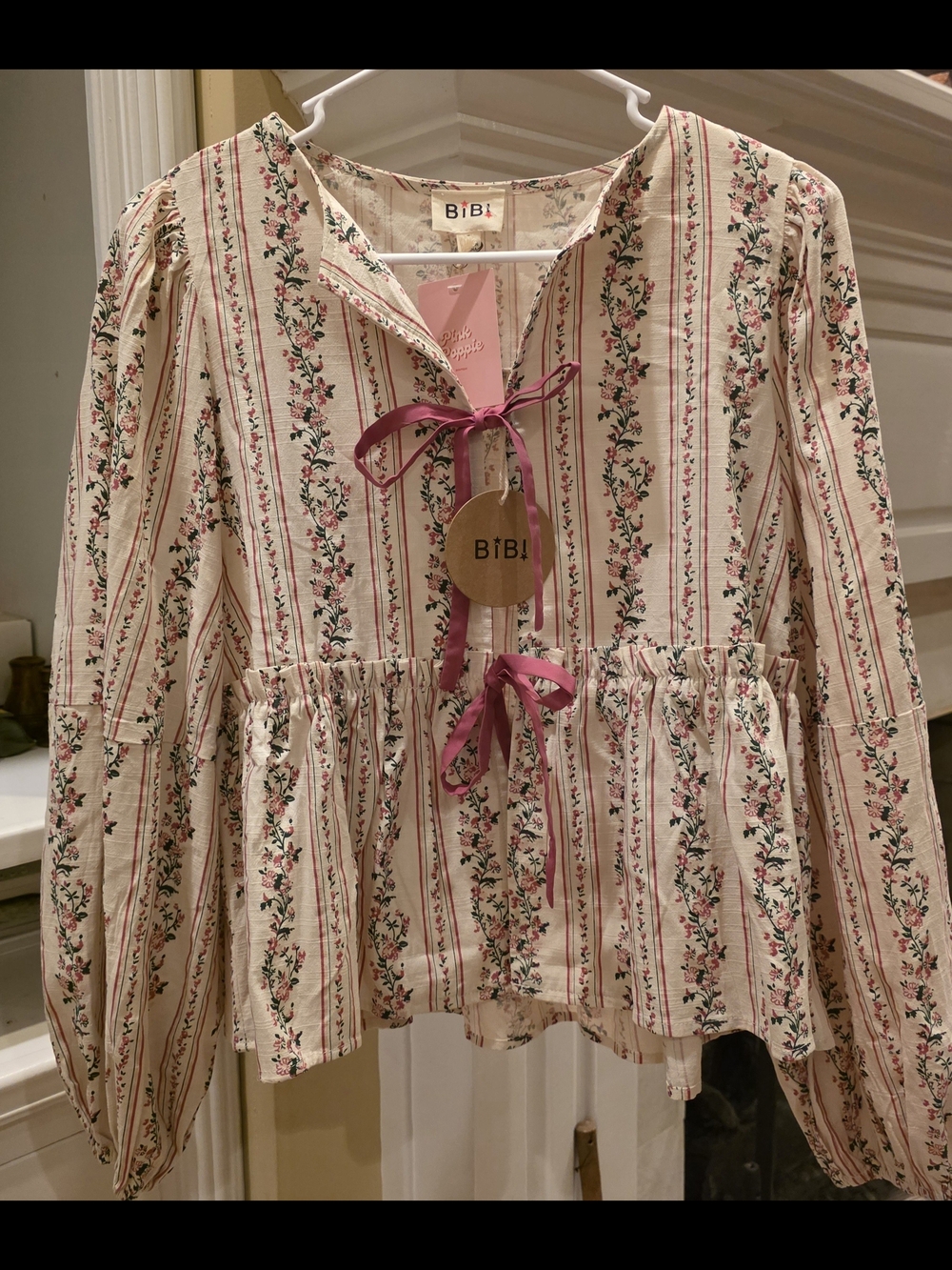 BiBi Cream Floral Striped Peplum Tie-Front Blouse